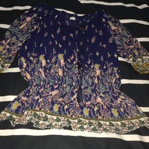 Pleated bohemian navy blue floral chiffon 3/4 sleeve blouse